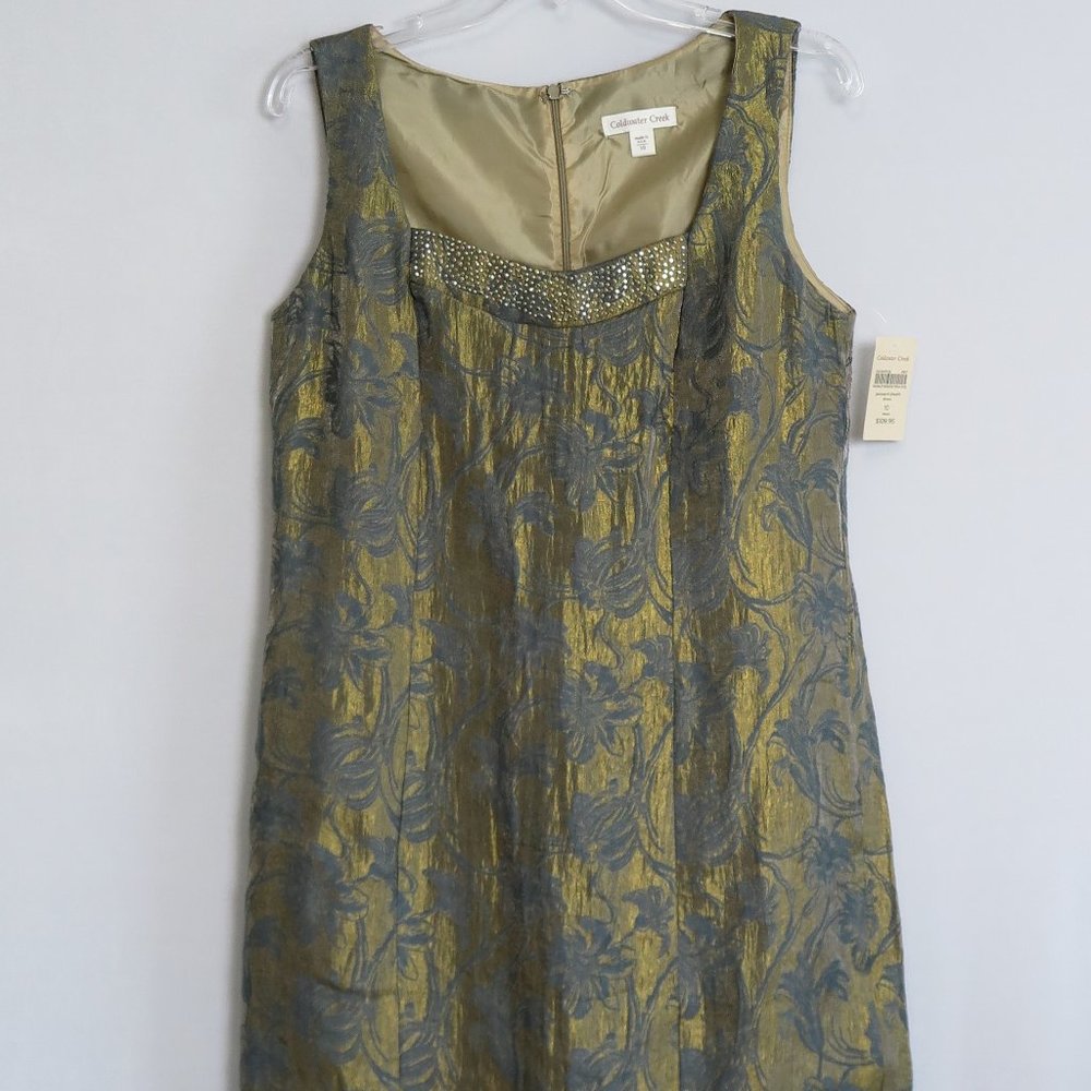 NWT Coldwater Creek Gold & Slate Blue Gray Jacquard Sheath Dress Size 10